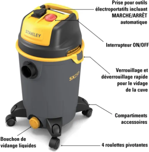 Aspirateur Solides et Liquides SXVC25PTDE avec Prise Outils Électroportatifs (1200 W, 25 l) Plastique 25 l - Prise Outils Électroportatifs