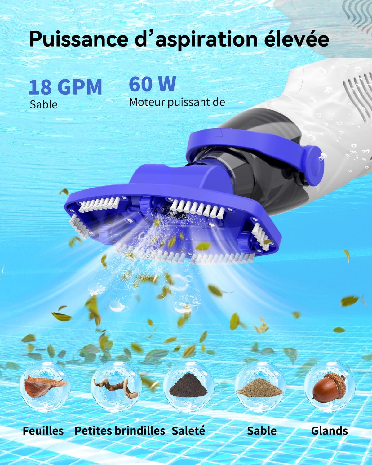 Aspirateur Piscine, Aspirateur Spa Jacuzzi, 60 Min d’Autonomie, Manuel Nettoyeur Piscine avec Filtres et Brosse, pour Piscine, Jacuzzi et Spa Blanc