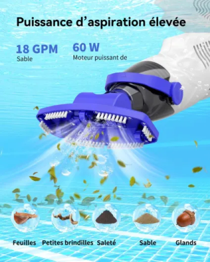 Aspirateur Piscine, Aspirateur Spa Jacuzzi, 60 Min d’Autonomie, Manuel Nettoyeur Piscine avec Filtres et Brosse, pour Piscine, Jacuzzi et Spa Blanc