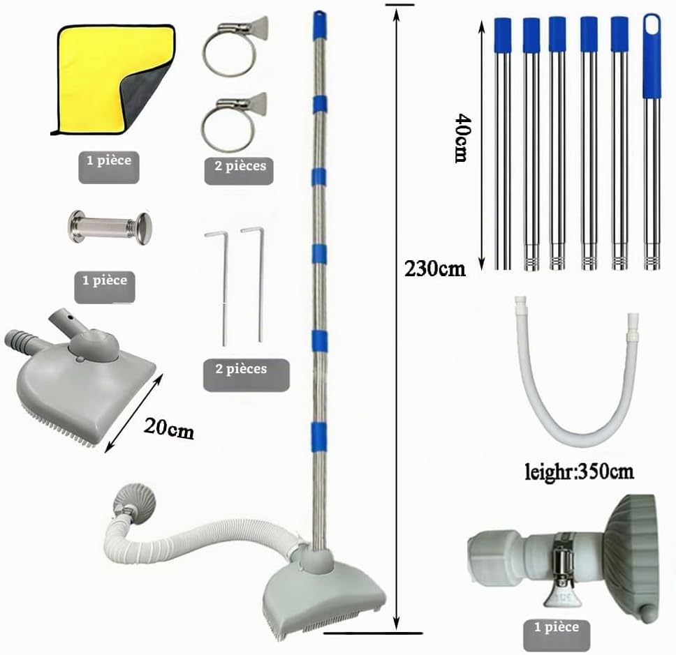 Aspirateur de Piscine avec Tuyau,Nettoyeur de Sol de Piscine avec Tuyau Rétractable 350 cm, Aspirateur de Sol avec Tige Télescopique de 230 cm, pour Piscine, Etang, Jacuzzi, Salle de Bain et Spa Gris