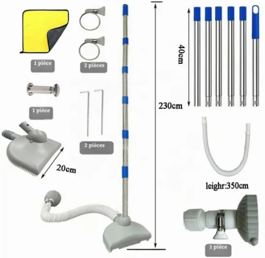 Aspirateur de Piscine avec Tuyau,Nettoyeur de Sol de Piscine avec Tuyau Rétractable 350 cm, Aspirateur de Sol avec Tige Télescopique de 230 cm, pour Piscine, Etang, Jacuzzi, Salle de Bain et Spa Gris