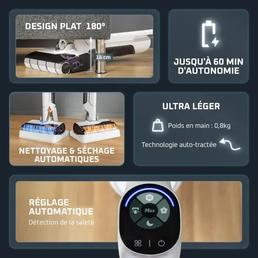 X-Clean 10, Aspirateur Laveur sans fil, Design Plat 180°, Auto-Nettoyage et séchage 65°C, Autonomie 60min, Parfait pour Tâches Tenaces et Poils d’Animaux GZ7540WO, Blanc