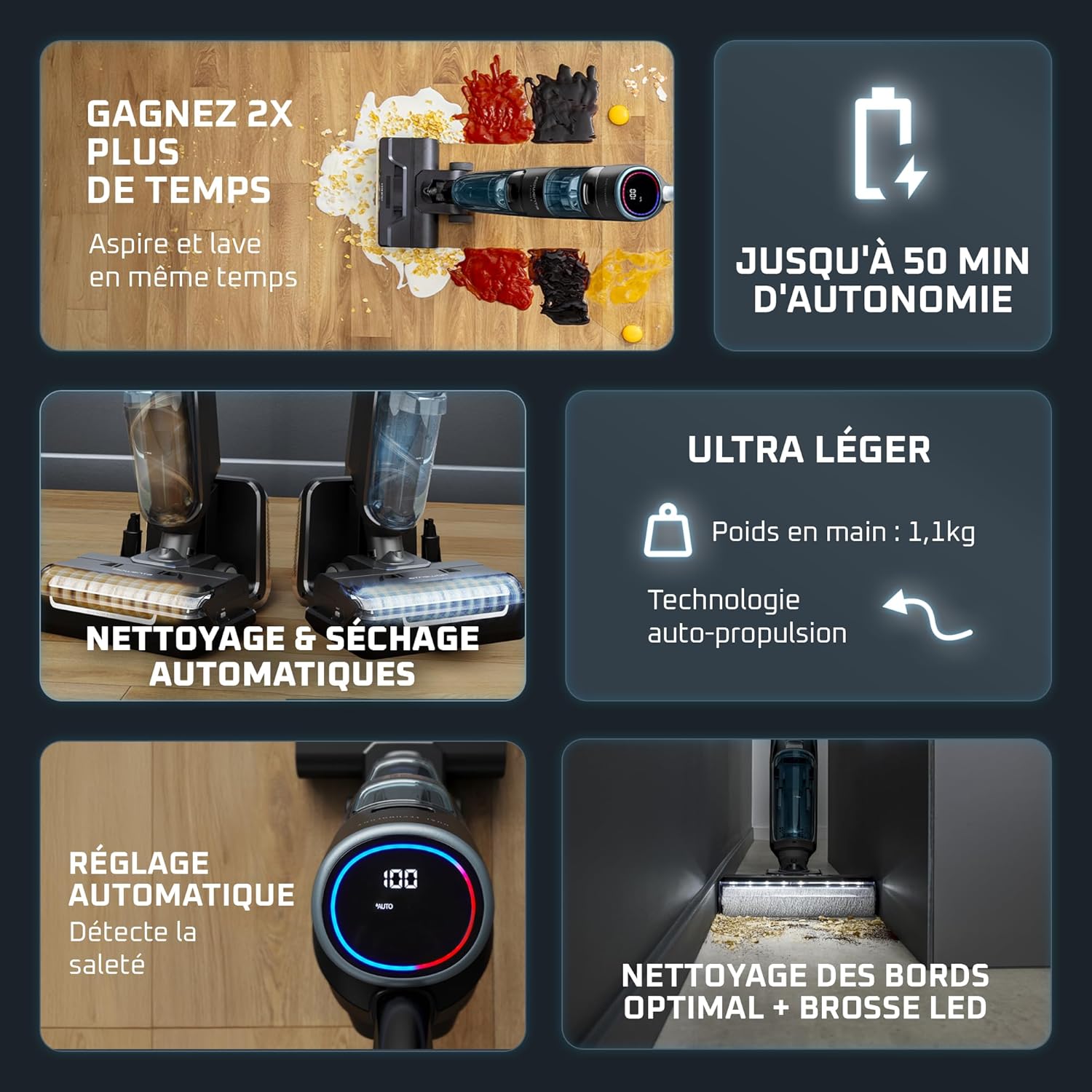 X-Clean 5, Aspirateur Laveur sans Fil 2-en-1, Sec et Humide, Autonomie 50 min, Auto-Nettoyage, Séchage 60°C Anti-odeurs, Poids en main 1,1 kg, Eclairage LED, GZ5555EE, Noir Xc5 Noir
