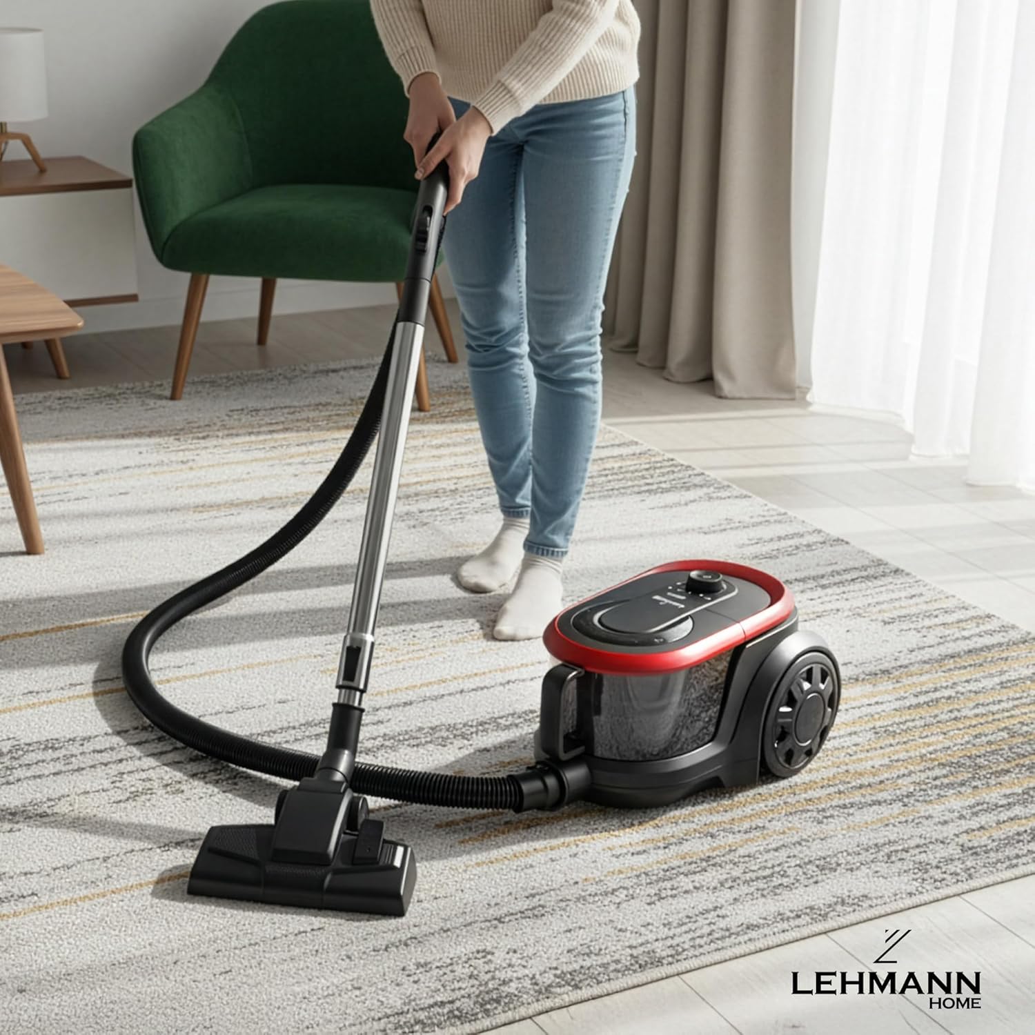Aspirateur sans Sac, Technologie Cyclonique Puissante, Double Filtre HEPA pour Allergiques, Capacité 2,5 L, Compact, Aspirateur Traîneau pour Tapis et Sols, Set d’Accessoires, Noir/Rouge