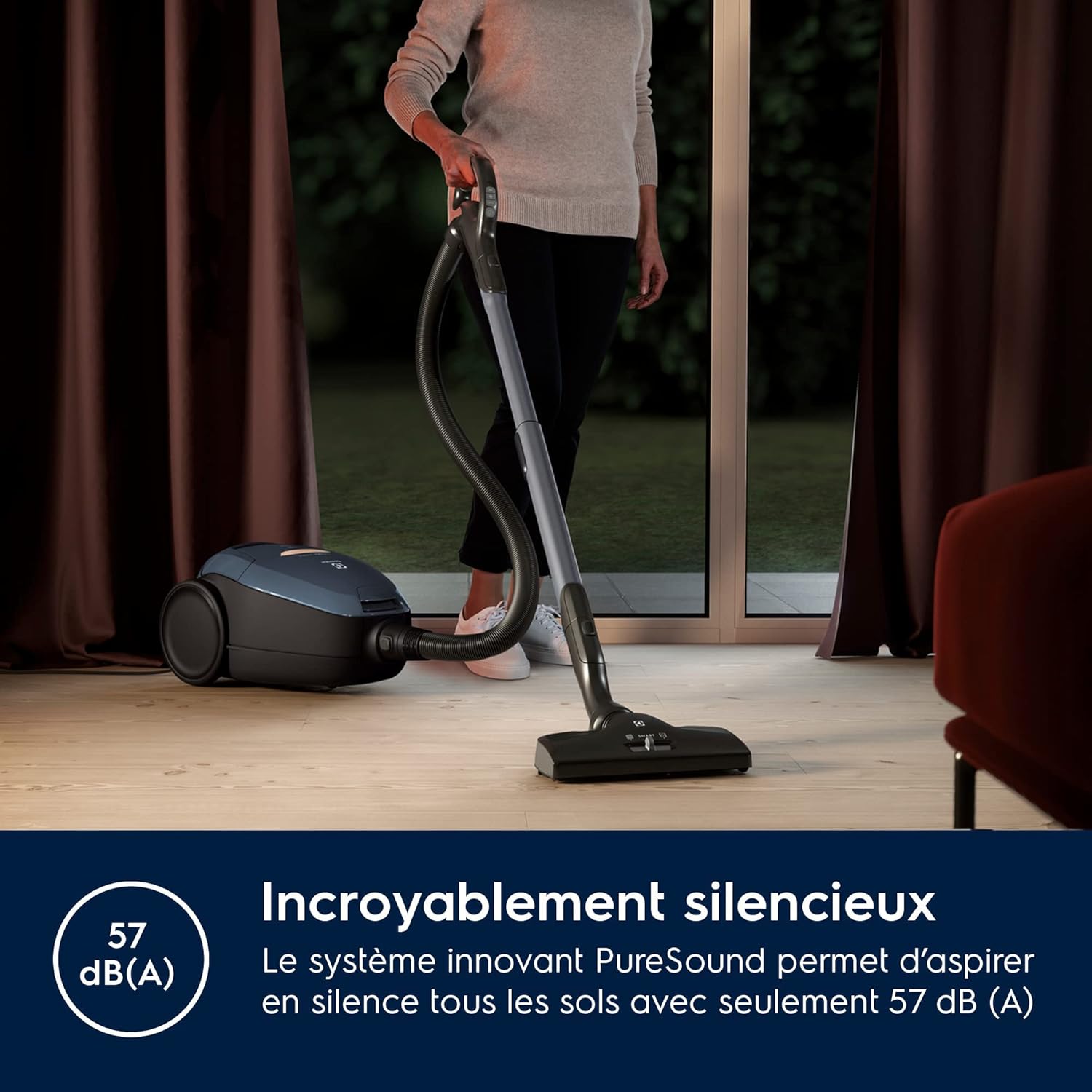Pure D8, Commandes à Distance, Aspirateur Traineau avec Sac, Ultra Silencieux, 57dB, Puissance Automatique Intelligente, Poignée avec Commandes et Affichage LED, PD82-8DB, Bleu Denim