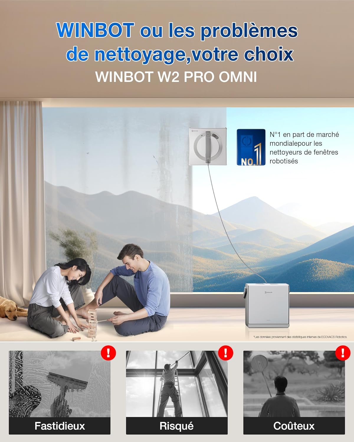 WINBOT W2 Pro Omni Robot Nettoyeur de vitres avec Station Multifonction, se Recharge Pendant Le Fonctionnement, buse à Triple Embout, système de Protection à 12 Niveaux