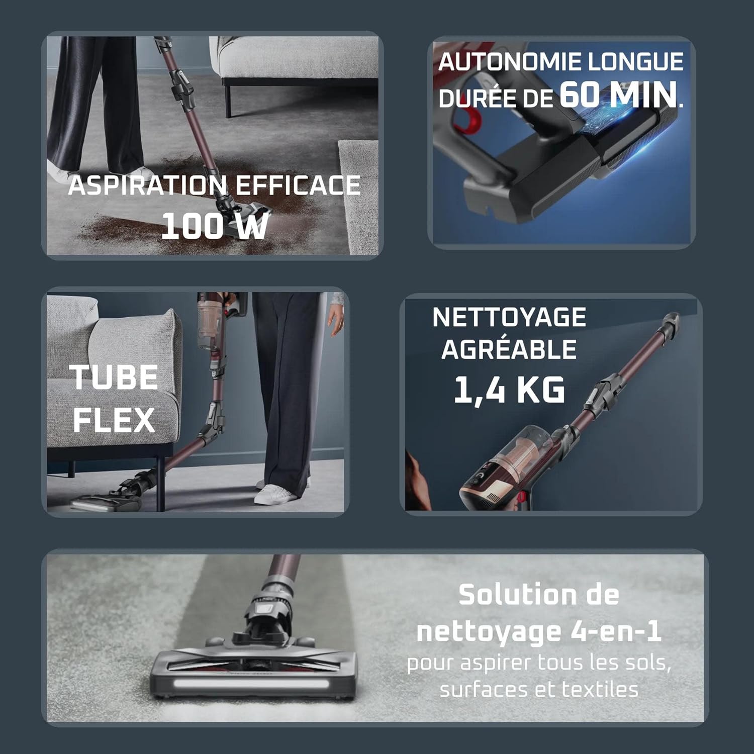 X-Pert Flex 6.80, Aspirateur Balai sans Fil Multifonction, 100W, Autonomie 60 Minutes, Flex, Eclairage LED, Suivi Facile, RH6493E0 60 Min autonomie