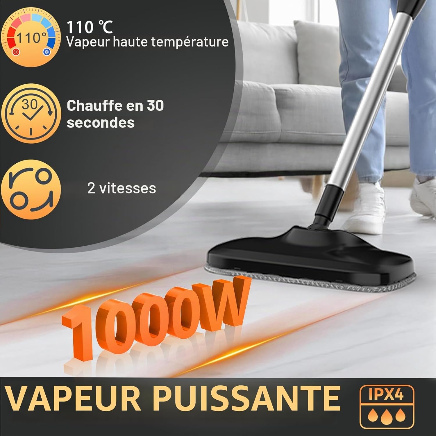 Nettoyeur Vapeur Balai Multifonctions, Chauffe Rapide 30s, 2-en-1 Balai ou Nettoyeur à Main, 2 Réglages de la Vapeur, Réservoir 240ml, 1000W, Sans Produits Chimiques, Balai Vapeur pour tous les Sols