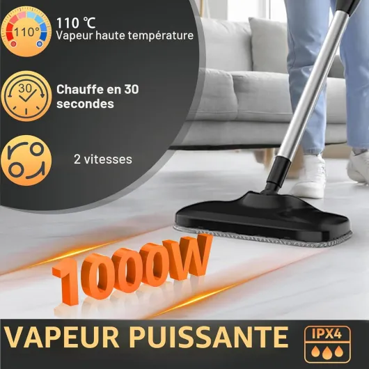 Nettoyeur Vapeur Balai Multifonctions, Chauffe Rapide 30s, 2-en-1 Balai ou Nettoyeur à Main, 2 Réglages de la Vapeur, Réservoir 240ml, 1000W, Sans Produits Chimiques, Balai Vapeur pour tous les Sols
