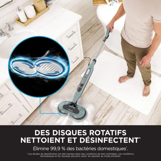 Steam Mop Balai automatique à vapeur et à récurer, 3 réglages vapeur, assainit, élimine taches et saleté, 2 tampons rotatifs, utilisation sur tous les sols durs scellés, blanc et gris, S8201EUCP + 6 Tampons