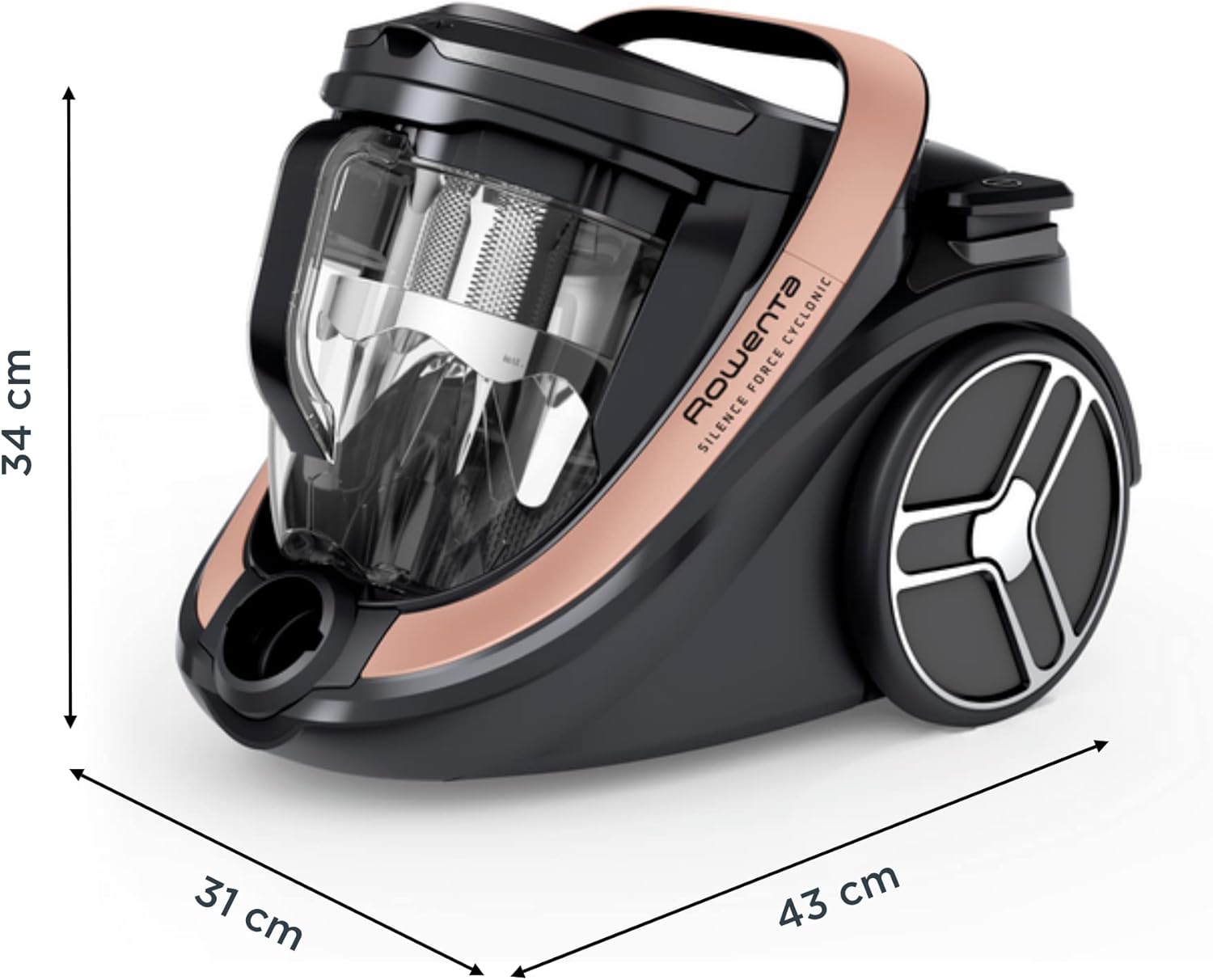 Aspirateur sans Sac Silence Force Cyclonic Effitech RO7954EA, Veuillez Vous référer à la Feuille de Construction du Produit, Noir/Or Rose, 500 W, 2.5 liters, 59 décibeles + Maxi turbo brosse & Flexible XXL