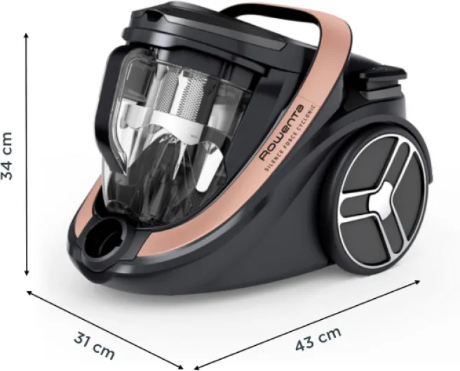 Aspirateur sans Sac Silence Force Cyclonic Effitech RO7954EA, Veuillez Vous référer à la Feuille de Construction du Produit, Noir/Or Rose, 500 W, 2.5 liters, 59 décibeles + Maxi turbo brosse & Flexible XXL