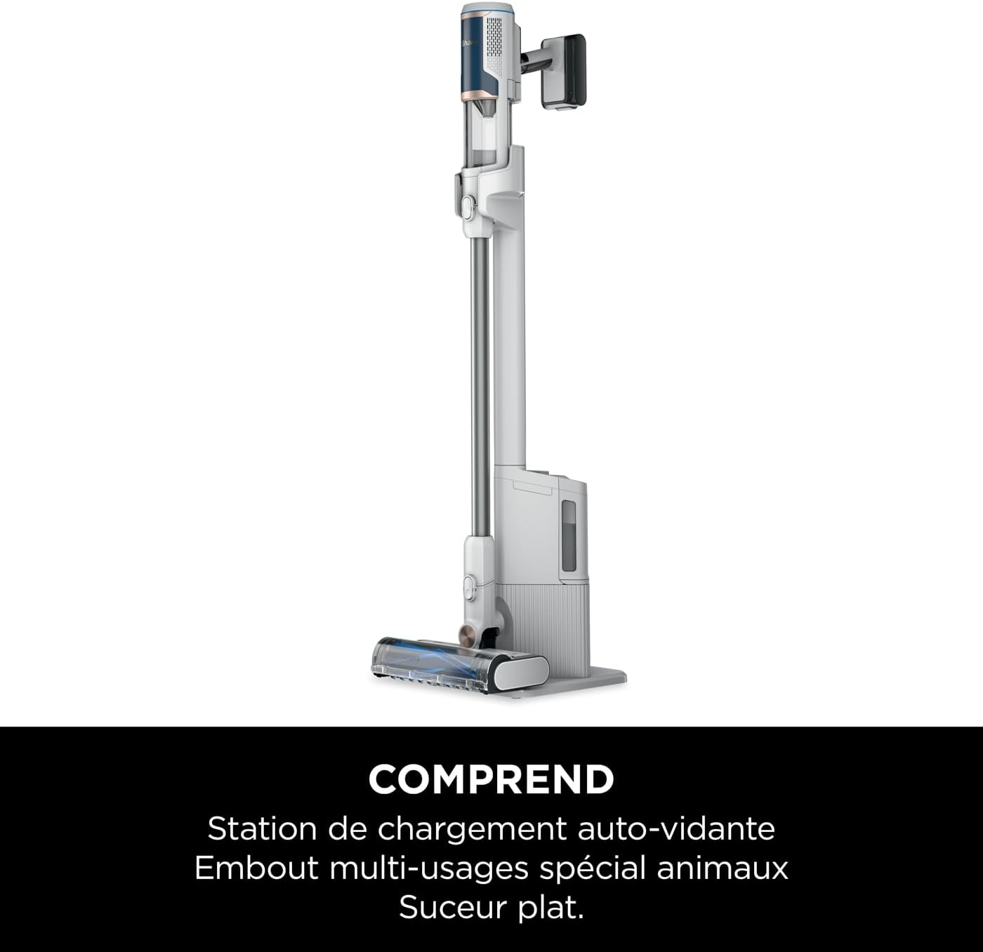Clean & Empty, aspirateur sans fil, vidage automatique, aspirateur anti-emmêlement avec accessoires pour animaux et suceur plat, autonomie 40 min, station de chargement, blanc/bleu, BU3521EU stick 2 Accessoires