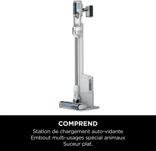 Clean & Empty, aspirateur sans fil, vidage automatique, aspirateur anti-emmêlement avec accessoires pour animaux et suceur plat, autonomie 40 min, station de chargement, blanc/bleu, BU3521EU stick 2 Accessoires