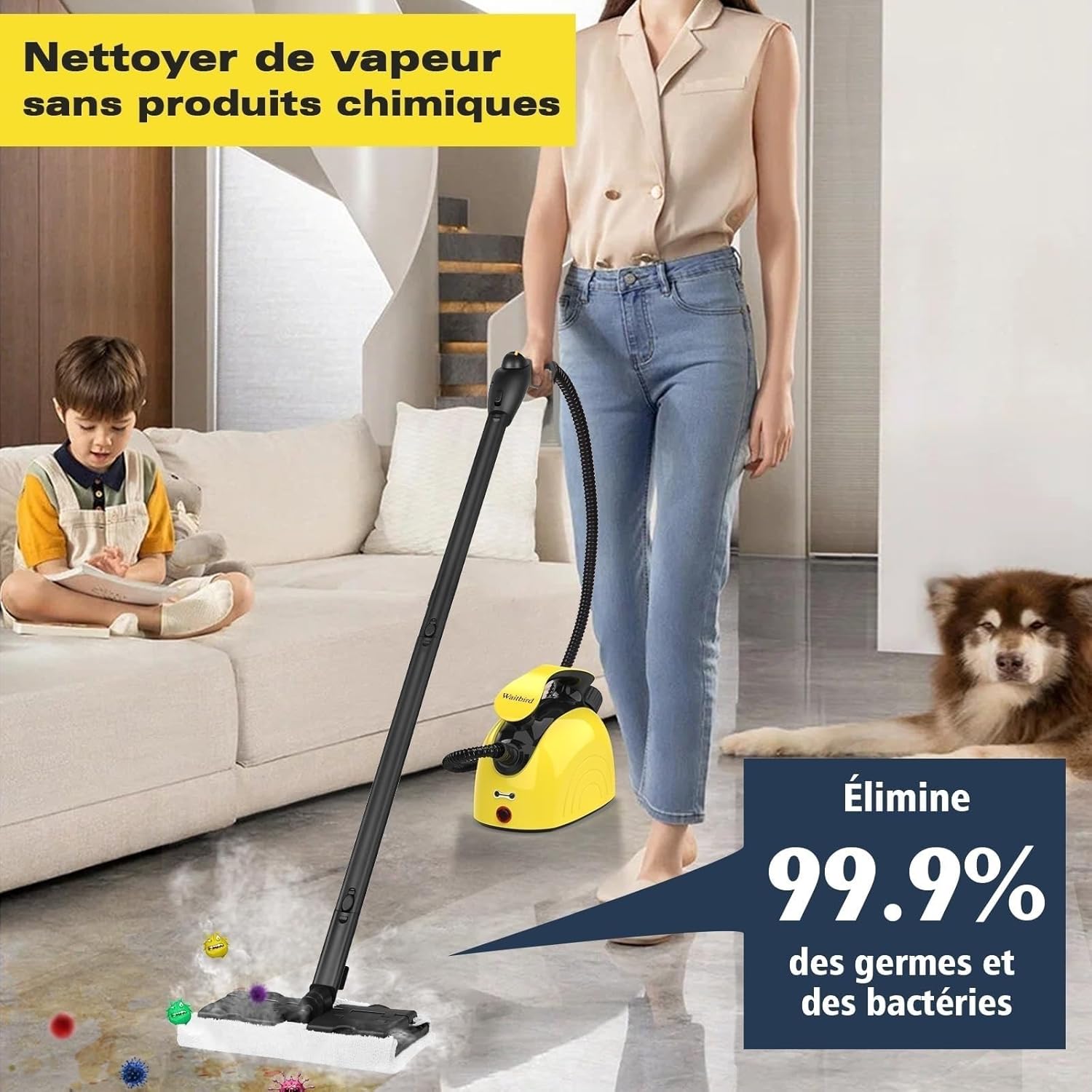 Nettoyeur à vapeur, nettoyeur ménager multifonctionnel, 4,5 bar haute pression & 120°C, 1500W, préchauffage rapide en 5 min, réservoir de 1100ML, kit d'accessoires 21 pièces, pour sol, canapé Jaune