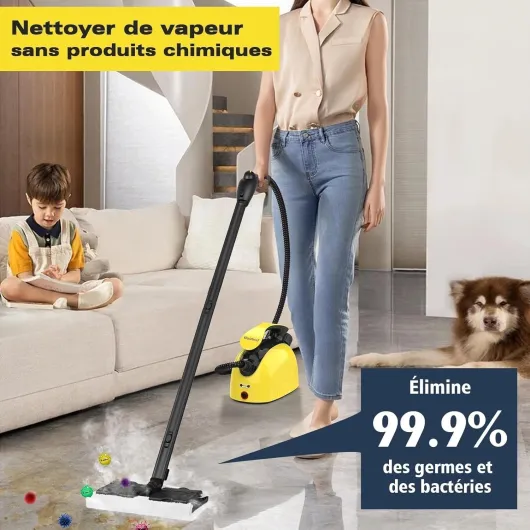 Nettoyeur à vapeur, nettoyeur ménager multifonctionnel, 4,5 bar haute pression & 120°C, 1500W, préchauffage rapide en 5 min, réservoir de 1100ML, kit d'accessoires 21 pièces, pour sol, canapé Jaune