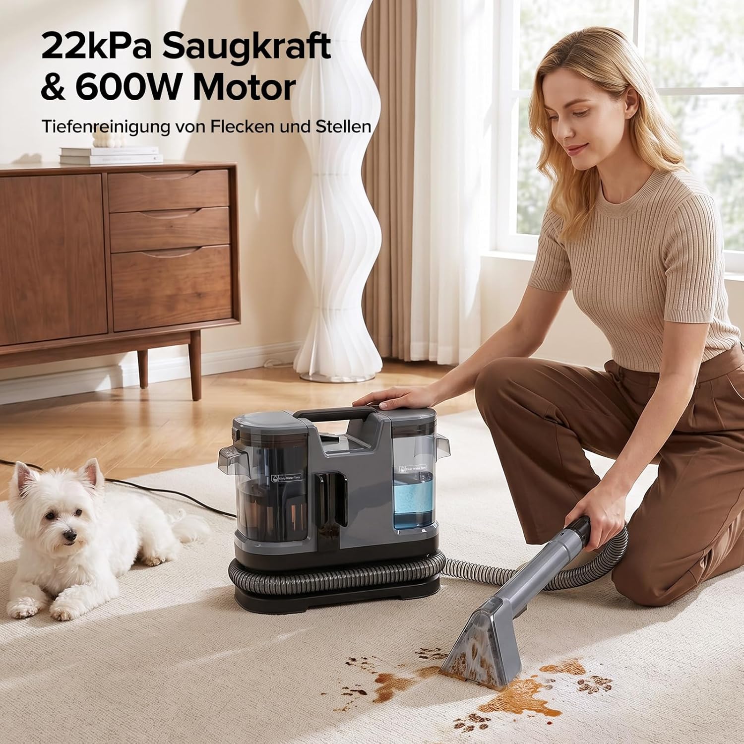 Shampouineuse Canapé Injecteur-Extracteur 600 W, 22 kPa – Nettoyeur Tapis et Moquettes Portable avec Fonction Auto-Nettoyante, Long Tuyau pour Canapés, Tapis et Intérieur de Voiture Gris