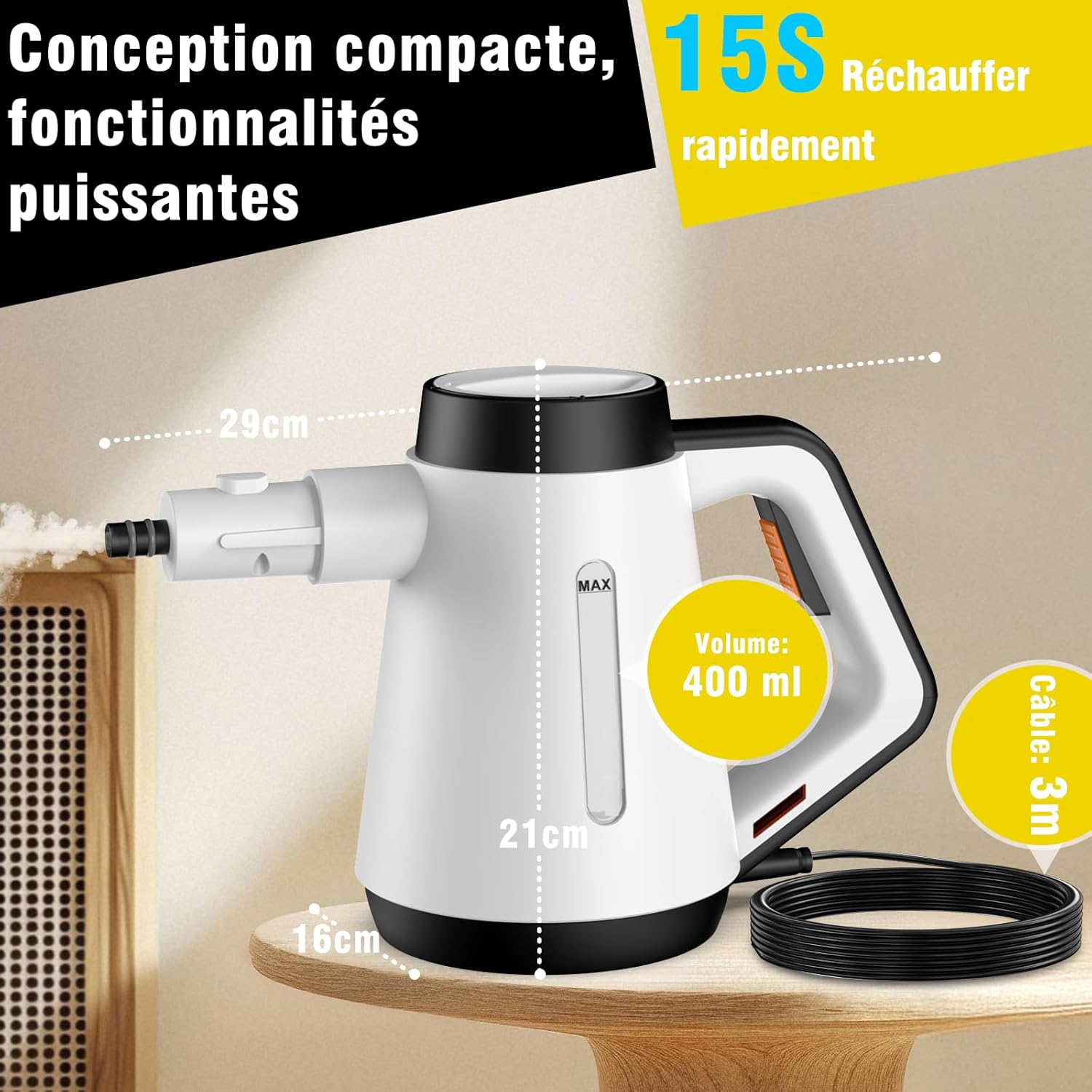 Fippesax 1200W Nettoyeur à vapeur,Chauffage instantané 15S,Nettoyeur à vapeur multipurpose pressurisé 400ml avec 9pcs Accessoires (blanc)