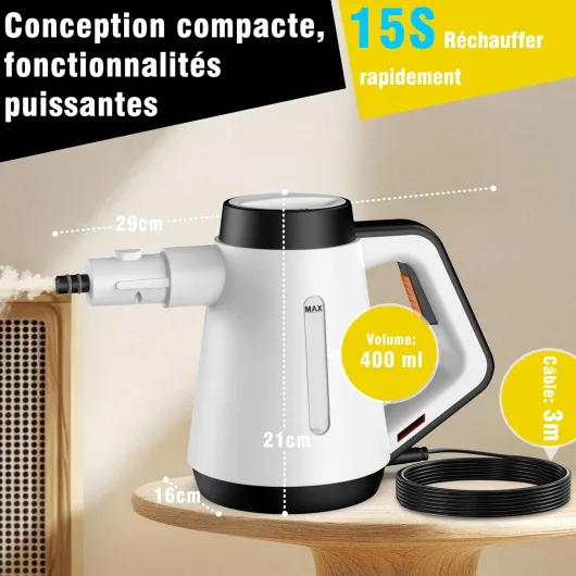 Fippesax 1200W Nettoyeur à vapeur,Chauffage instantané 15S,Nettoyeur à vapeur multipurpose pressurisé 400ml avec 9pcs Accessoires (blanc)